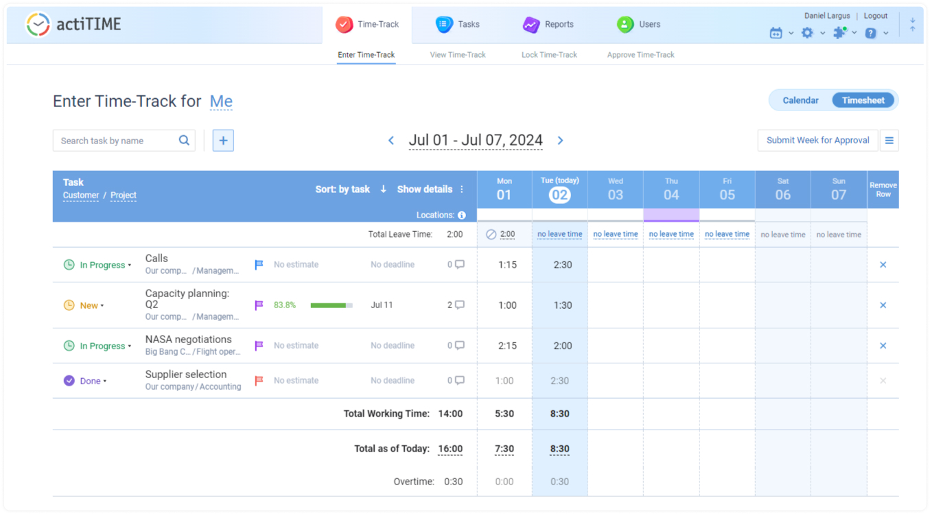 Enter Time-Track interface, actiTIME