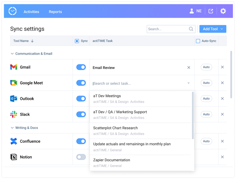 Choose an actiTIME task to sync data with