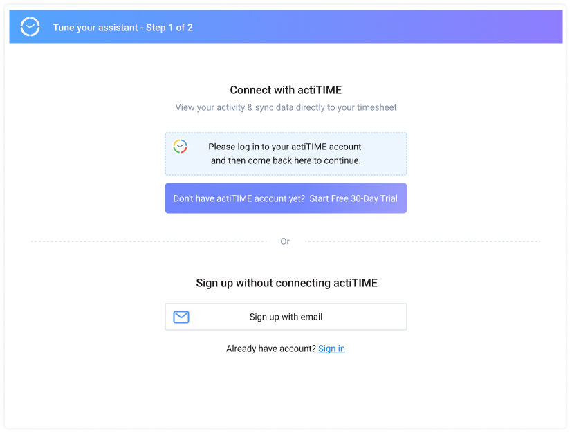 Sign up with a free actiTIME trial