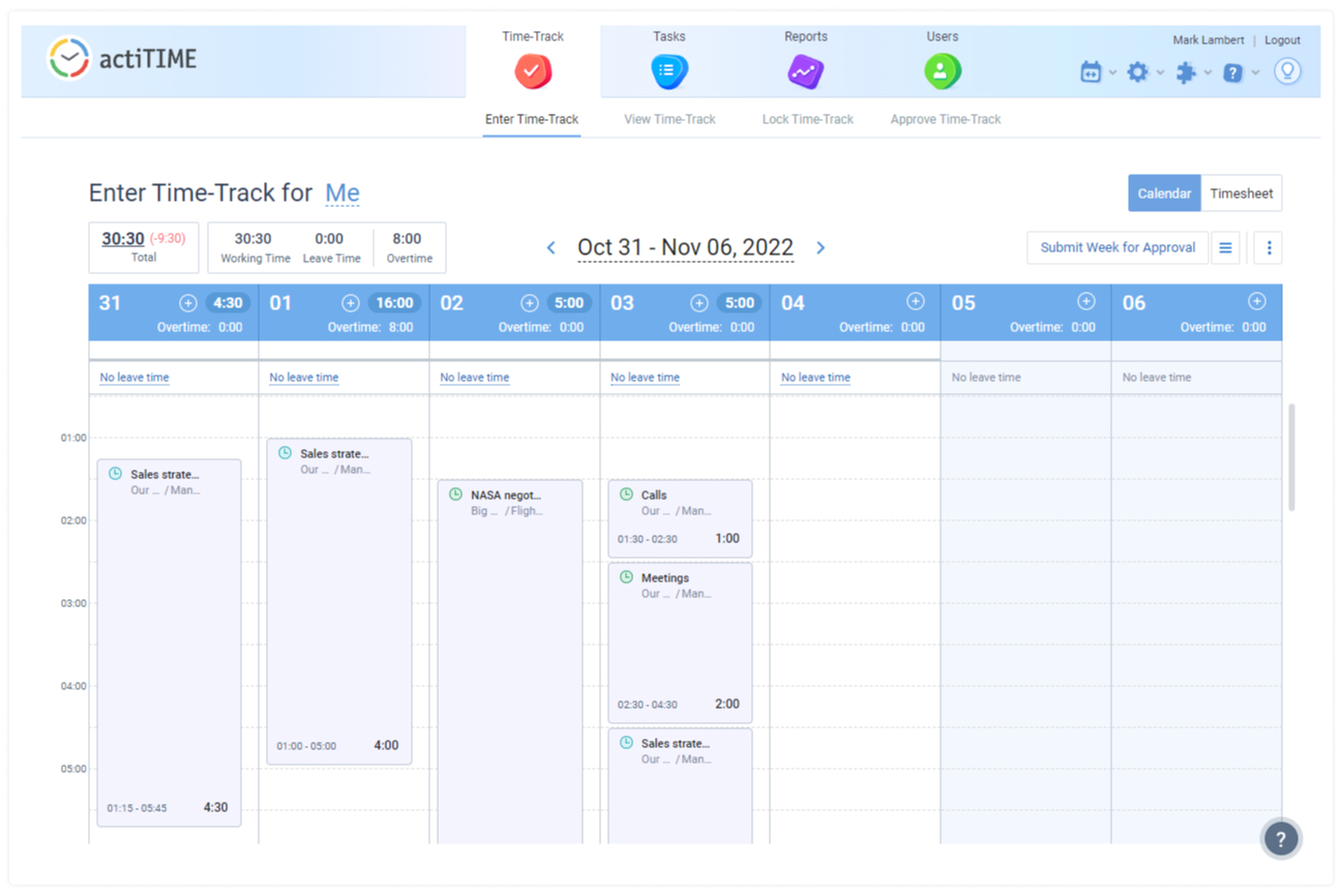 Calendar view, actiTIME