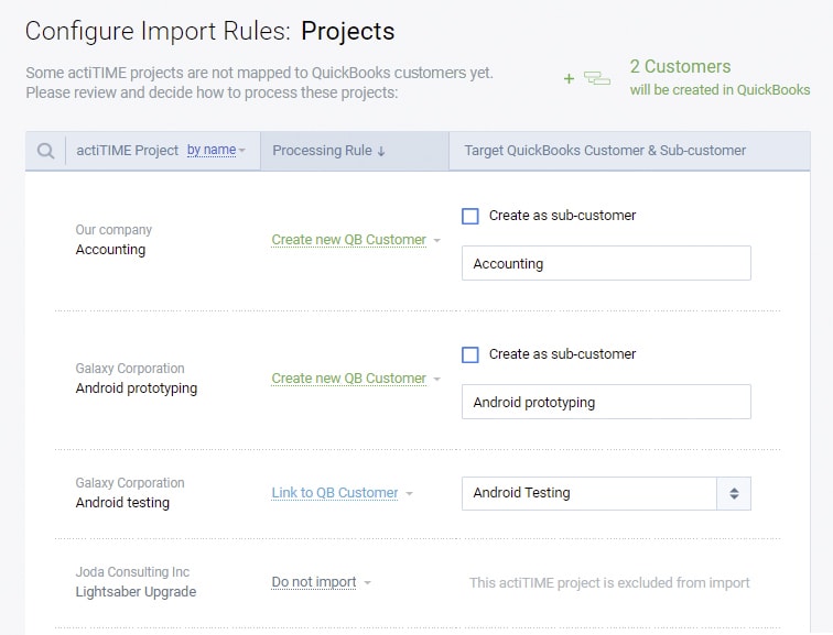 Configure import rules projects