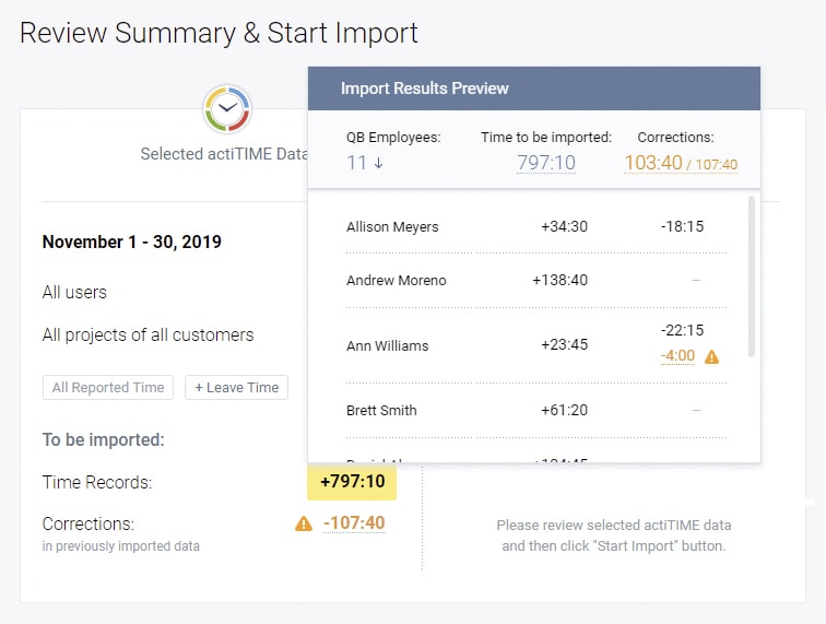 Preview a detailed summary of your imported time records