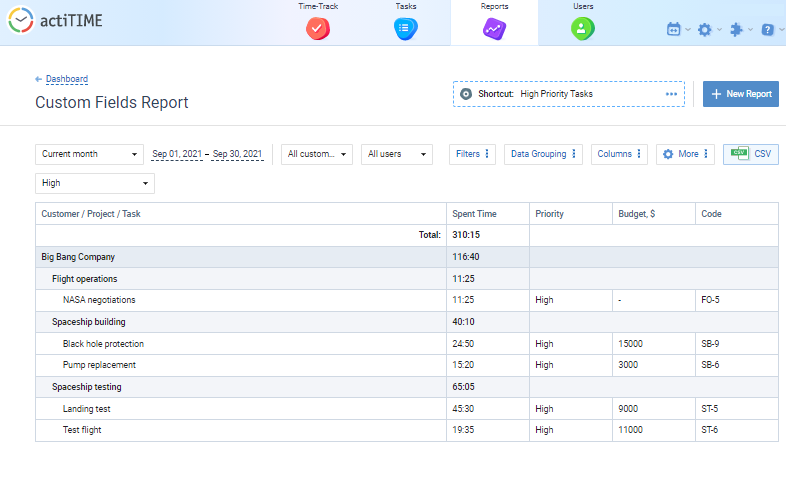 Custom Fields Report in actiTIME