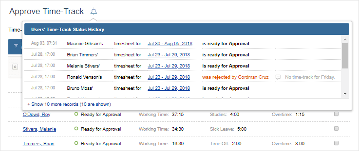 If you would like to see the approval history, click the bell icon next to Approve Time-Track.